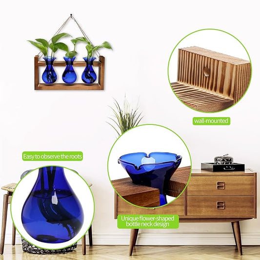 Plant Propagation Station Plant Terrarium Unique Birthday Gifts for Women | Plant Lovers Home Office Decor Planter with Wooden Stand - 3 Bulb Glass Vase