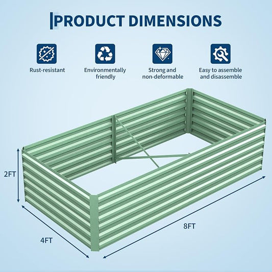 Garvee 2PCS 8x4x2ft Galvanized Raised Garden Bed, Outdoor Planter Box | 0.5mm Thick Steel Raised Garden Kit, 24in Deep. For Vegetables, Herbs & Flowers. Rust-resistant, Easy DIY Assembly, Green