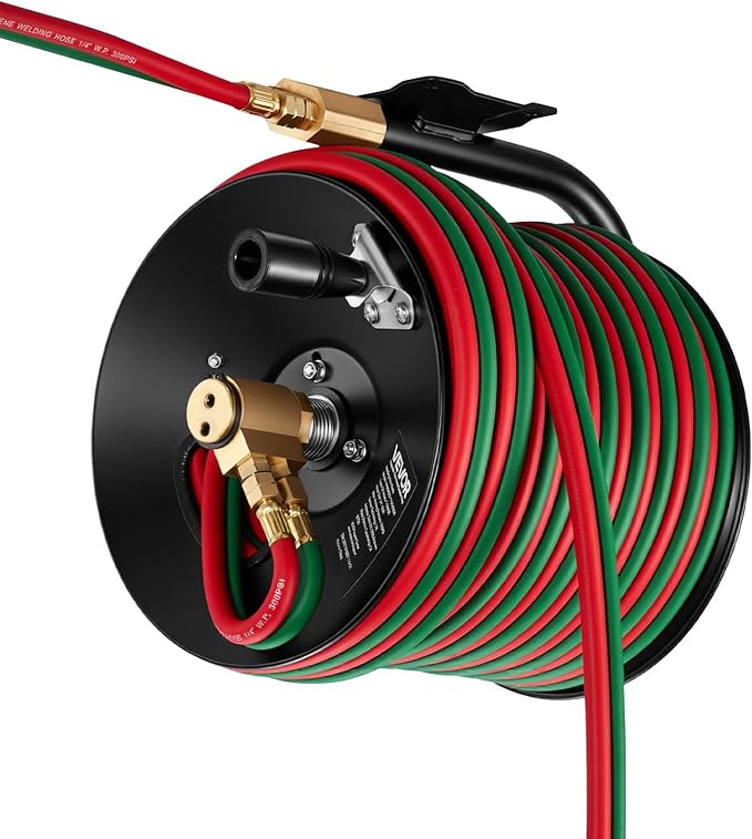 VEVOR Retractable Welding Hose Reel, Hand Crank Manual Rewind Hose Reel with 1/4 Inch x 100FT Twin Oxygen Acetylene Rubber Hose Max 300PSI - T Grade, Ceiling/Wall Mount Steel Reel for Workshop Garages
