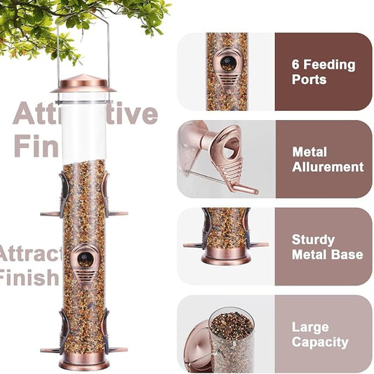 MIXXIDEA Metal Tube Bird Feeders for Outdoors - 6 Ports Hanging Feeder Attracts Wild Birds in Your Lawn, Garden, Balcony - Antique Copper - 1 Pack