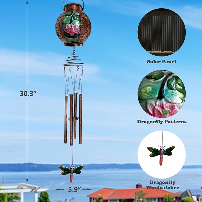 Solar Wind Chimes for Outdoor, Dragonfly Garden Decorations Memorial Wind Chimes Deep Tone, Sympathy Windchimes with Detachable Solar Lanterns Outside Garden Décor, Gifts for Mom, Grandma-Dragonfly
