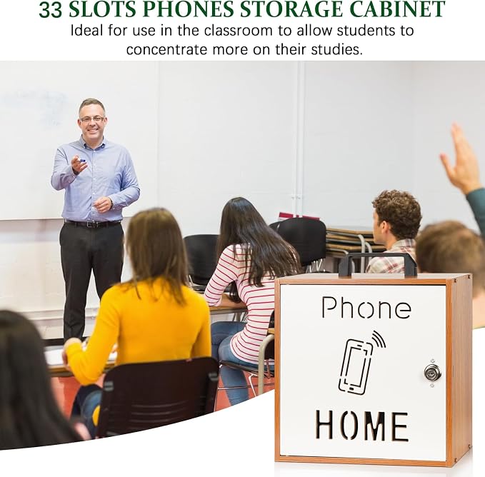 Echaprey Cell Phone Holder Classroom Adjustable 33 Slots Pocket Chart Wooden Cell Phone Storage Cabinet with Handle and Lock Desktop Cell Phone Holder for Classroom Office (Cherry)