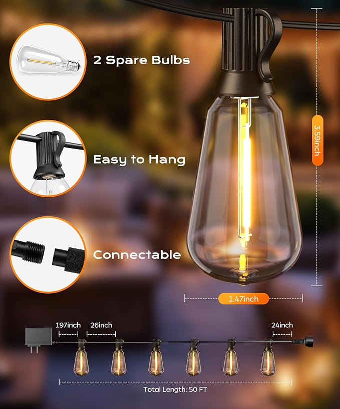 Outdoor String Lights, 50FT Patio Lights for Outside, Smart App & Remote Control with Timer, Dimmable with 4 Scene Modes, Warm White Waterproof LED Bulbs for Garden, Yard and Backyard Decor