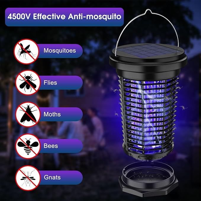 Solar Bug Zapper Outdoor & Indoor with 1.5W+4.5W Dual Solar Panel 2026, USB Rechargeable Electric Mosquito Zapper for Flies Gnats Moths, Fly Trap for Home, Patio, Backyard, Camping, Garden
