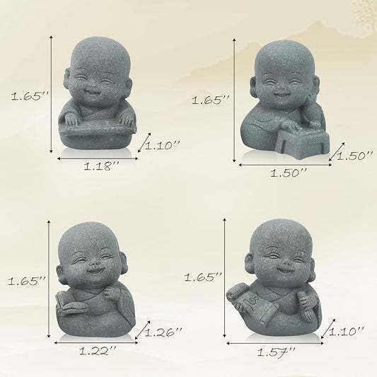 4pcs Mini Laughing Buddha Statues Monk Sandstone Sculptures Cute Baby Buddha Figurine Set Wealth Good Luck Decor Zen Spiritual Ornaments for Home Aquarium Office Garden - Style B