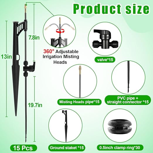 15 Sets 360° Adjustable Irrigation Misting Heads with Stake Micro Spray Emitters with 1/4" Irrigation Tubing on Riser Stake,Automatic Atomizing Sprinkler Stake Assembly for Garden Watering System