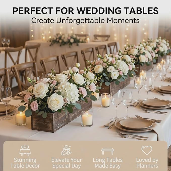 Dandat 2 Set Wood Boxes for Centerpieces 16x4 Inch Rectangle Wooden Planter Box Rustic Wooden Planters with Removable Plastic Liner Floral Foam Blocks for Christmas Wedding Home Garden Decor(Brown)