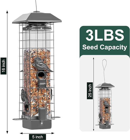 Squirrel Proof Bird Feeders for Outdoors, Metal Wild Bird Feeder for Outside Hanging, 4 Ports Perches, 3LB Large Capacity(Gray)