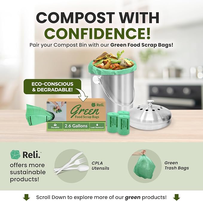 Reli. 1.3 Gallon Stainless Steel Compost Bin for Kitchen | Indoor Composting Bin with Charcoal Filters | Odorless Food Waste Countertop Bucket
