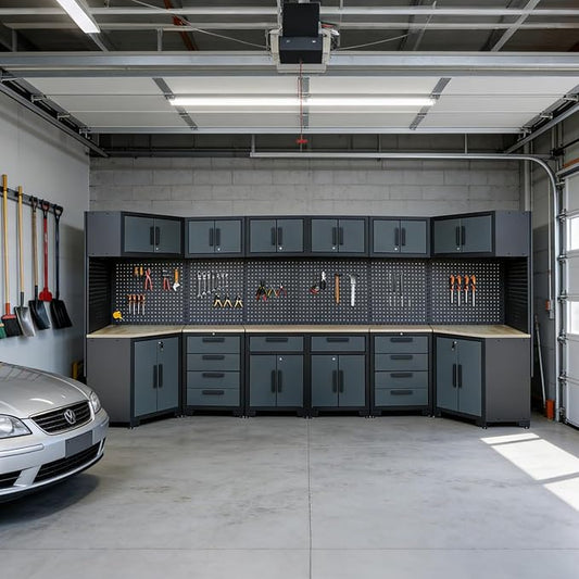 Garage Storage Cabinet System,2ร8Pcs Garage Cabinets and Storage System Corner Workshop Set with Corner Cabinet, Cabinet Drawers, Workbench, Pegboard for Tool Organization, Black and Grey