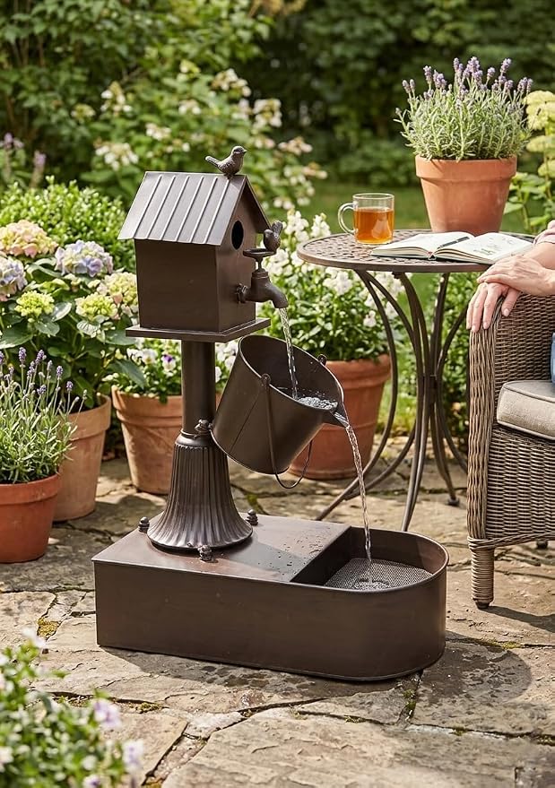 Metal Outdoor Garden Fountain 27" Soothing Water Flow | Rustproof Garden Water Features with Pumb & Debris Filter Screen, Heavy Duty Birdhouse Waterfall for Outside Patio Yard Porch