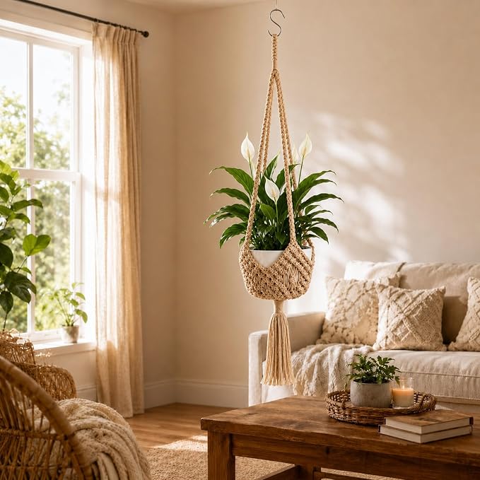 Shappy 1 Pack Boho Macrame Plant Hanger, Large Hanging Planter Plant Holder Pot Hanger Hanging Basket Wall Planters, Plants Lover Gift for Indoor Garden (Spiral Knot,Jute Color)