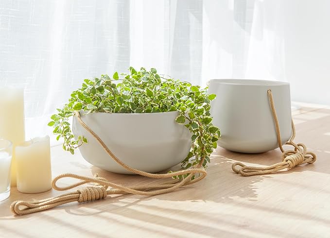 Mkono Ceramic Hanging Planter of Shallow 8 Inch and Deep 6 Inch for Indoor Outdoor Plants, Set of 2 Modern Plant Pot Geometric Porcelain Hanging Basket with Polyester Rope Hanger