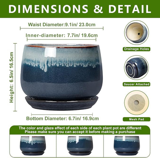 Ceramic Plant Pots - 9 Inch Ceramic Planter with Drainage Hole and Saucer, Decorative Pots for Indoor Plants, Round Planter, Room Office Porch Decor, Plant Gifts for Women, Retro Blue