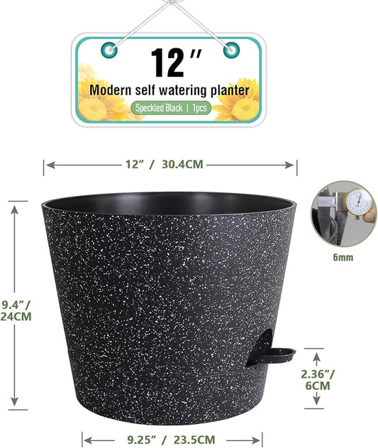 Meowell 12 inch Large Self Watering Pots, Plant Pots with Mesh Drainage Holes for Indoor Outdoor Plants, Plastic Planters with Deep Reservoir for Garden House Flower Plants, Speckled Black