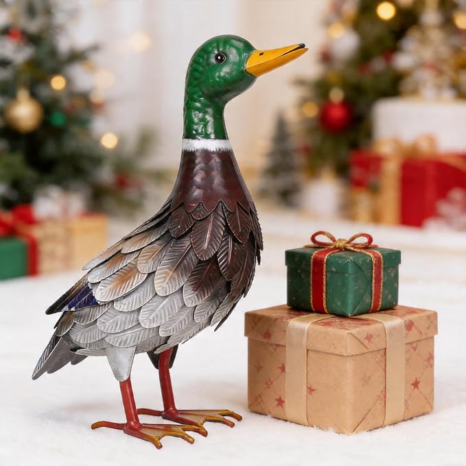 Shorayn Garden Statue Metal Duck Life-Size Mallard Indoor Outdoor Decor Handmade Iron