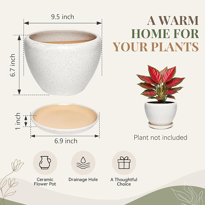 9.5 Inch Ceramic Plant Pot with Drainage Hole Mesh Net,Modern Gardening Pots for Indoor Plants with Saucer, Waxen White