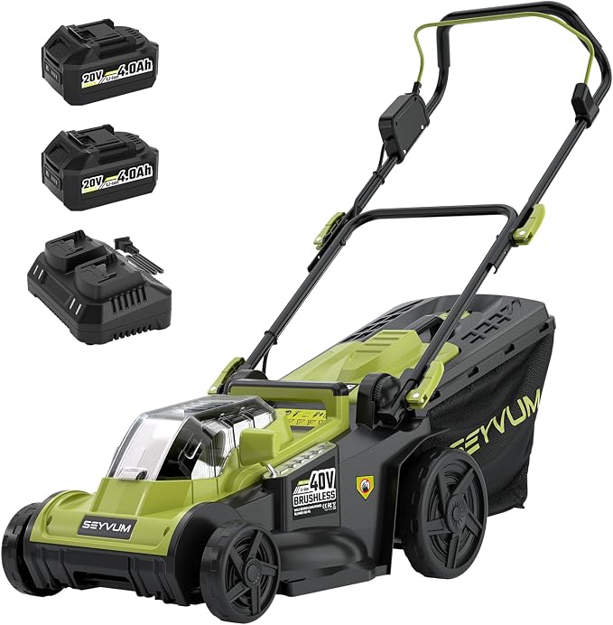 SEYVUM 40V 16-inch Cordless Lawn Mower with 45L Grass Collection Bag, 6 Position Height Adjustment Electric Lawn Mower, 2 x 20V 4.0Ah Battery Powered Push Lawnmower, 2.4A Fast Charger Included, Green