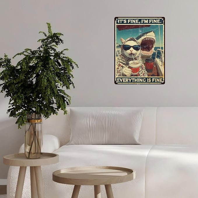 Vintage Cat Tin Sign It's Fine I'm Fine Everything Is Fine Retro Shark Wall Decor Nostalgic Art Funny Animals Metal Poster Indoor Store Cafe Bar Office Man Cave Pubs Man Cave Shop 16 * 12inch