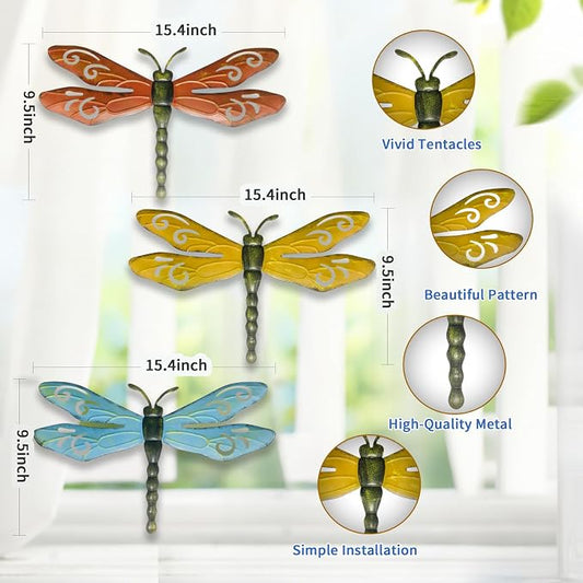 PLASUPPY Metal Dragonfly Wall Decor Outdoor Garden Fence Art Hanging Decorations for Patio, Yard, Indoor Home, Living Room, Bedroom, 3 Pack (Large)