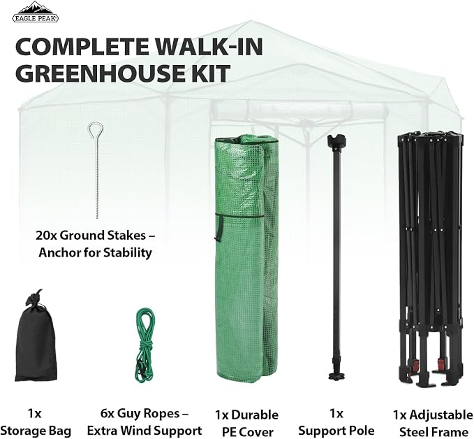 EAGLE PEAK 8.5x8.5 Portable Walk in Greenhouse, Pop Up Indoor Outdoor Greenhouse, Green House Kit with Zippered Roll-Up Doors and Windows, Hexagon Design, PE Cover, Clear/Green