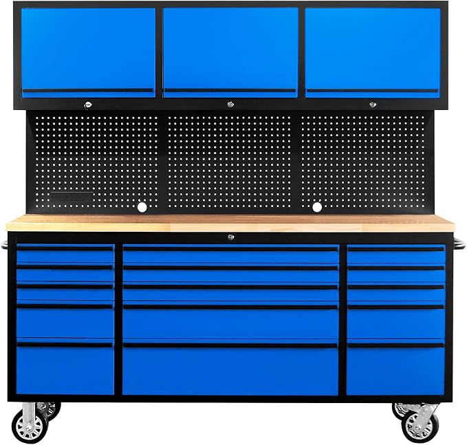 CHETTO C 72 inch Tool Chest Tool Box Mobile 15 Drawer Storage 3 Upper Cabinet Power Outlet SS-Pegboard with Wheels Lock Key Locking System Drawer Liners for Garage Warehouse Repair Shop