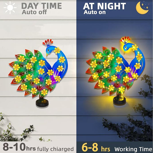 Metal Peacock Outdoor Wall Decor with 30 Led Solar Lights- 13.8" Outdoor Fence Wall Art Decor, Gift for Mom Grandma Women Birthday Gardening,Hanging Decoration for Garden Patio Porch Yard