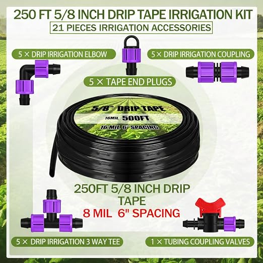 Tondiamo 250' 5/8 Inch Drip Tape Irrigation Tubing Kit 8 Mil 6" Spacing Garden Hose Watering Tube Line Automatic Equipment for Garden Irrigation System Farms, Landscape, Lawn