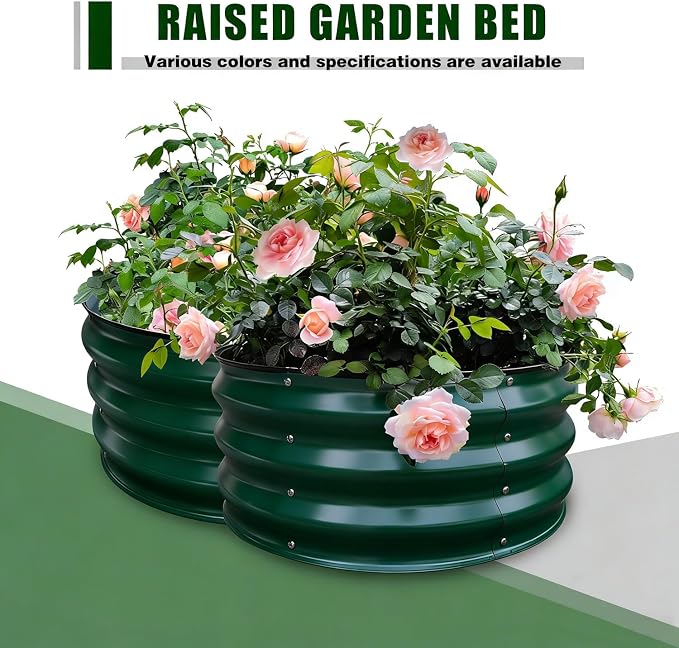 GrowHaus 2x2x1FT Galvanized Raised Garden Bed, Planter Boxes Outdoor Round Metal Garden Beds for Planting Vegetables Flowers Herbs 2 Pack Dark Green