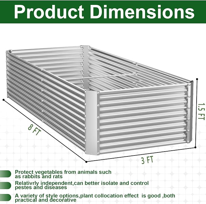 2 Pack Tall 8FT Raised Beds for Gardening, Corrugated Galvanized Steel Raised Garden Bed, Outdoor Metal Above Ground Garden Bed for Vegetables and Flowers(Rectangular)-8x3x1.5FT