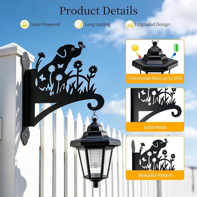 VOOKRY Solar Wall Lanterns Outdoor, Waterproof 2 Pack Hanging Lights with Dog Hooks, Wall Mount Sconce with 3 Solar Panels for Patio Porch Yard Garden Decor, Dusk to Dawn 2700K Warm White