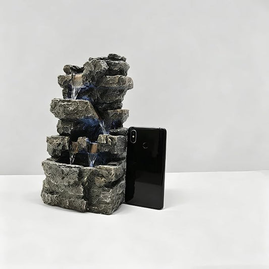 Tabletop Rock Waterfall Fountain, 4-Tier Stacked Stone, Resin, LED Lights, USB Powered, 7.08 x 5.5 x13.3Inches