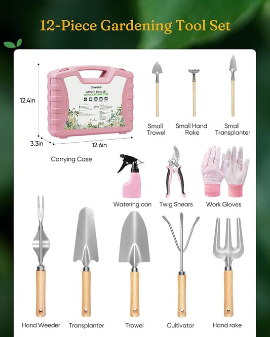 Grenebo 12-Piece Womens Gardening Tools Gift Set, Rust-Proof & Heavy-Duty Garden Tools with Durable Carrying Case, Fashionable & Thoughtful Gardening Gifts for Women&Men (Pink-Silver)