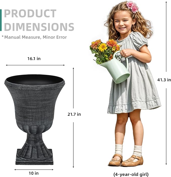 Autodaya 22" Tall Urn Planters for Outdoor Plants Set of 2 Large Flower Pot | 3D Textured Washed Black Pedestal Outdoor Planters, Weather-Resistant Plastic Plant Pot for Porch, Patio, Garden & Indoor Use