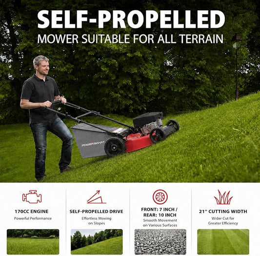 PowerSmart 21-Inch Gas Self-Propelled Lawn Mower, 170cc OHV Engine, Reinforced Steel Deck, 3-in-1 Bagging/Mulching/Rear Discharge, 6 Cutting Heights (1.5"–3.9"), 10" Rear Wheels, Foldable Handle