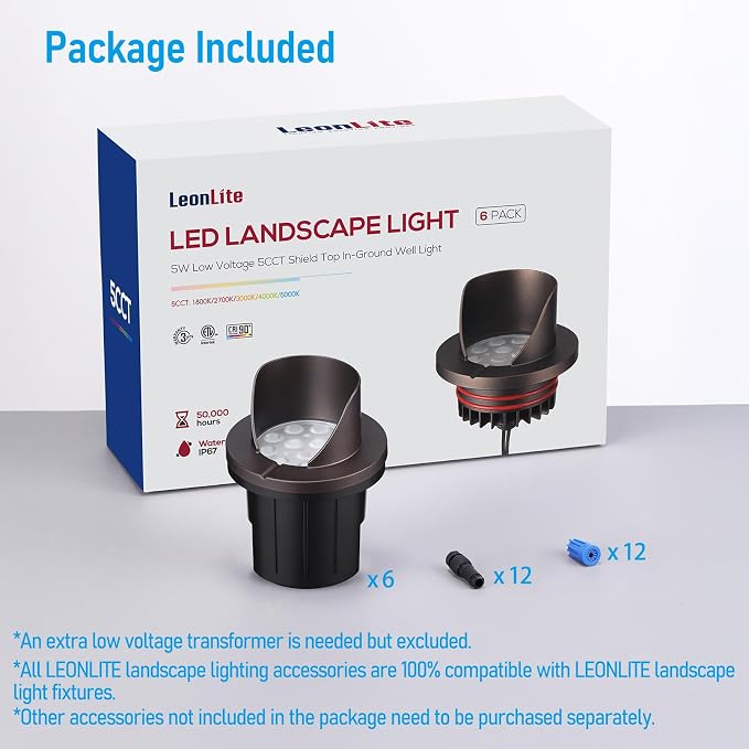 LEONLITE 6-Pack Dia.4 Inch 5CCT Well Lights Shielded Top Oil Rubbed Bronze | 1800K/2700K/3500K/4000K/5000K, 12-24V AC/DC, CRI90, Landscape LED In Ground Outdoor, Low Voltage Garden Landscaping, Aluminum