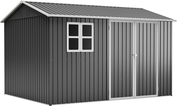 YOPTO 10x8 FT Large Outdoor Storage Shed with Window, 2 Lockable Doors & Sloped Roof, Heavy Duty Metal Tool Shed for Garden, Patio, Backyard, Lawn, Dark Gray