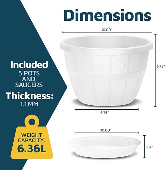 10-Inch Whiskey Barrel Planters Outdoor Pack of 5 - Durable Plastic Plant Pots for Indoor & Outdoor Use with Drainage & Saucer, Lightweight Rustic Barrel Planters for Flowers, Herbs & Small Plants