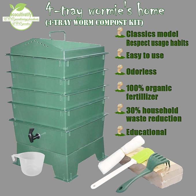 4-Tray Worm Compost Bin, Worm Composter for Outdoor & Indoor, ecocultivatify Wormie's Home, Worm Bin Set for Recycling Household Waste (Dark Green)