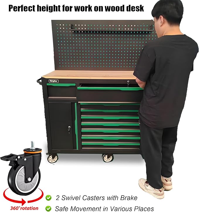 13-Drawers Rolling Tool Cabinet with Wood Workbench,Pegboard,60.6W x 22.7D x 66.1H inch,Heavy-Duty Steel Tool Storage,Lock & Key for Home,Garbge or Workshop Use(13 Drawer + 348 Pieces Tools)
