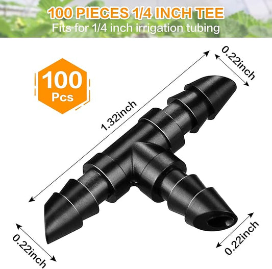 Gardrip Drip Irrigation Tee Fittings:100 Pieces Barbed Tee Irrigation Parts with Sharp End Fits for 1/4 Inch Drip Irrigation Tubing Drip Line T Connectors for Garden Lawn System