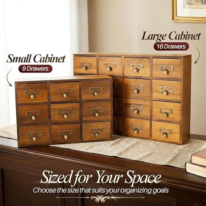 Flexzion Apothecary Cabinet with Drawers - 9 Vintage Drawers, Card Catalog Cabinet, Brown Wooden Tabletop Desktop Organizer for Home Office, Jewelry, Makeup, Tools & Small Item Storage