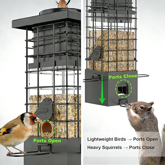 KRUOO Heavy Duty Metal Squirrel Proof Bird Feeder, 2.5LB Large Capacity, Weather Resistant, Easy Refill & Clean, Hanging Wild Bird Feeder