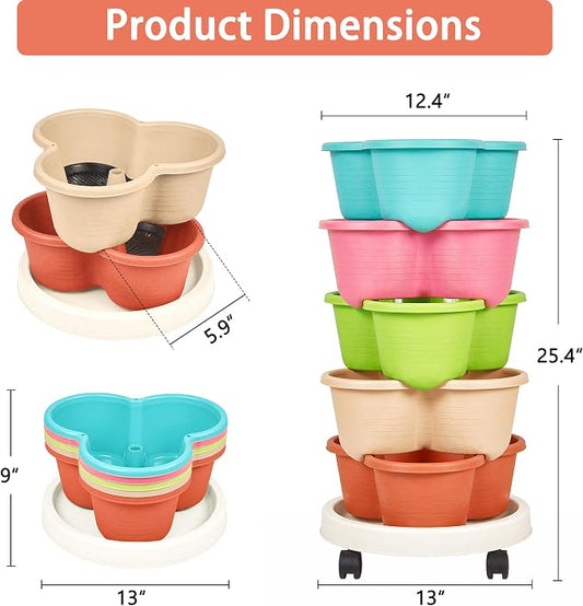 VECELO 5 Tier Vertical Garden Planter, Self Watering Stackable Planters with Wheels for Strawberries, Herbs, Flowers, Vegetables, Multicolor