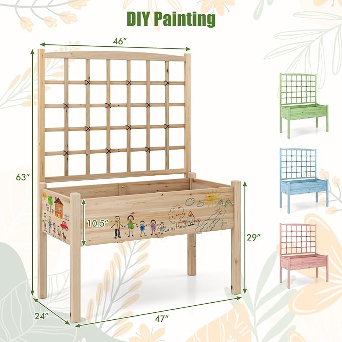 HAPPYGRILL Raised Garden Bed with Lattice Trellis, 4 Drainage Holes, Wooden Elevated Planter Box with Legs for Climbing Vine, Hanging Small Flower Baskets, Outdoor Gardening Planter for Patio Balcony