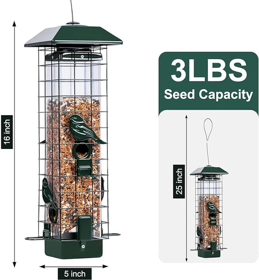 Squirrel Proof Bird Feeders for Outdoors, Metal Wild Bird Feeder for Outside Hanging, 4 Ports Perches, 3LB Large Capacity (Green)