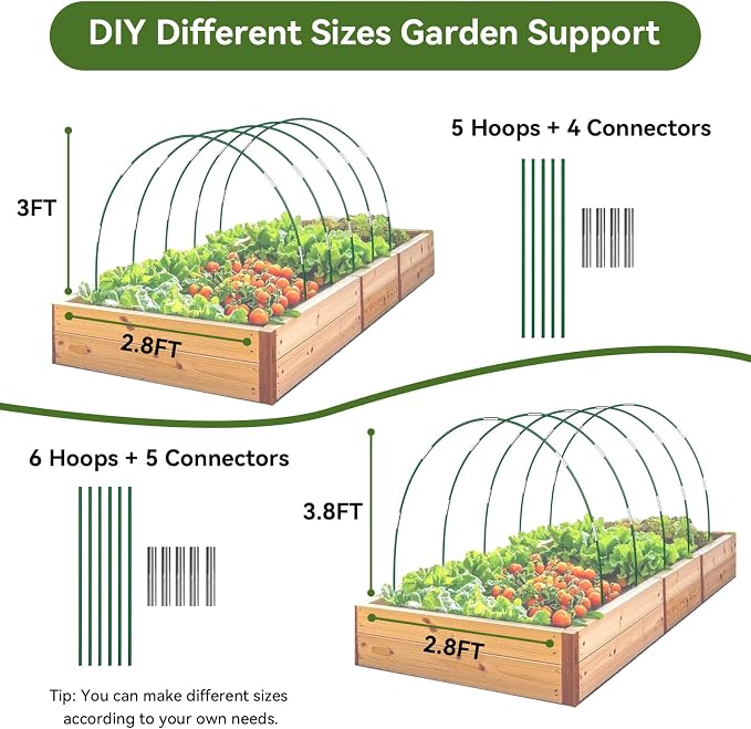 Garden Netting Kit for Raised Beds, 10x50FT Ultra Fine Mesh Netting& 6 Sets of 8FT Fiberglass Garden Hoops, Row Cover Insect Netting for Vegetable Plant Fruit Flowers Protection