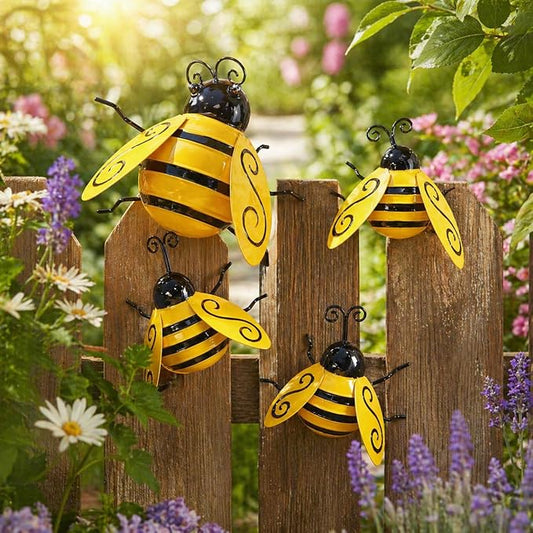 MACLARONX 4 PCS Metal Bumble Bee Garden Decor Outdoor Honey Bee Fence Yard Art Outside Patio Home Wall Decoration