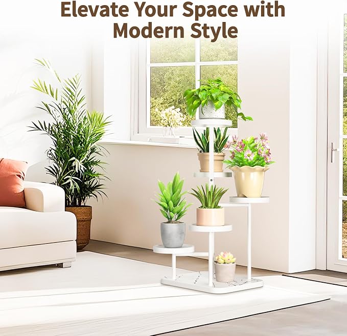 LASZOLA 5 Tier Tall White Plant Stand Rack Indoor Outdoor House, Heavy Duty Multi Level Metal Organizer, Vertical Narrow Unique Spiral Folwer Holder, Plastic Marble Decor for Patio Bathroom Office
