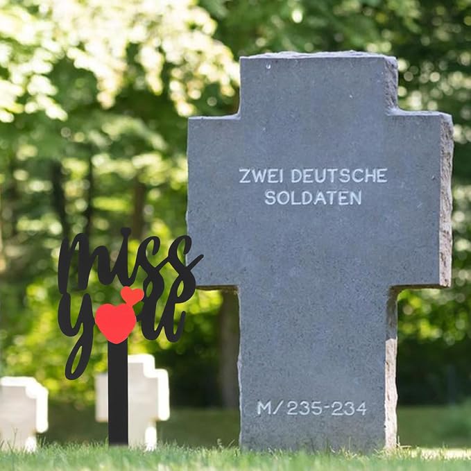 Memorial Grave Stake, Miss You Red Heart Grave Marker, 13.8x7.9in Grave Decorations for Cemetery, Metal Cemetery Decorations for Grave Yard Garden, Remembrance Grave Plaque for Mom Dad Friends